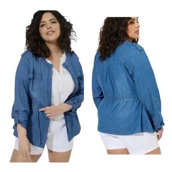 Torrid Denim Drawstring Waist Utility Jacket  4X  Chambray Denim Roll-Tab Sleeve - Picture 1 of 15